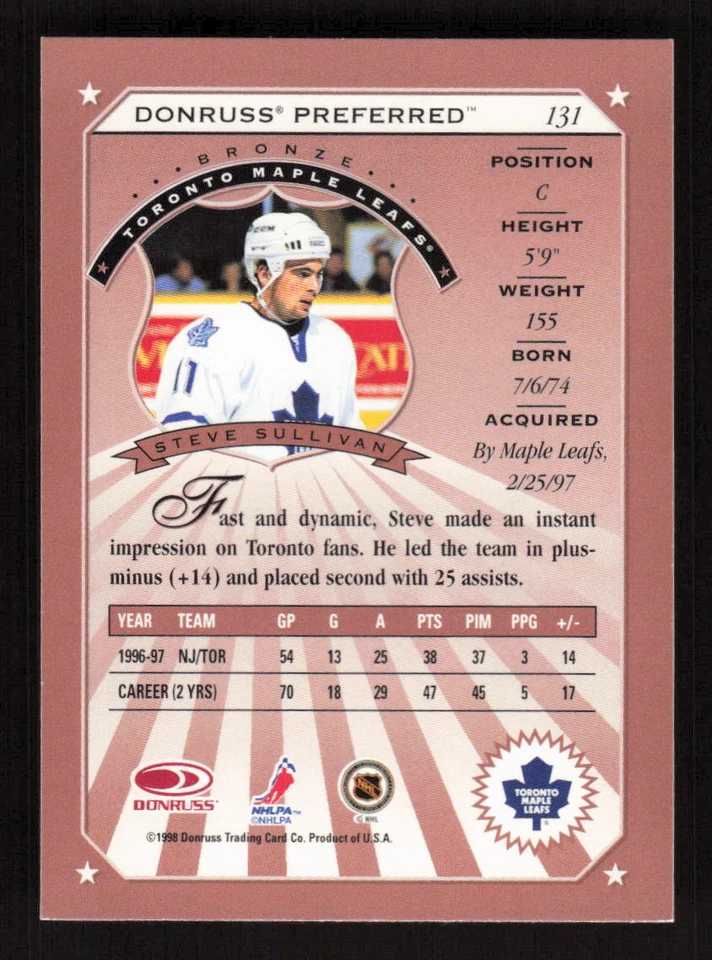 1997 Donruss Preferred Bronze #131 Steve Sullivan Toronto Maple Leafs - Image 2 of 2