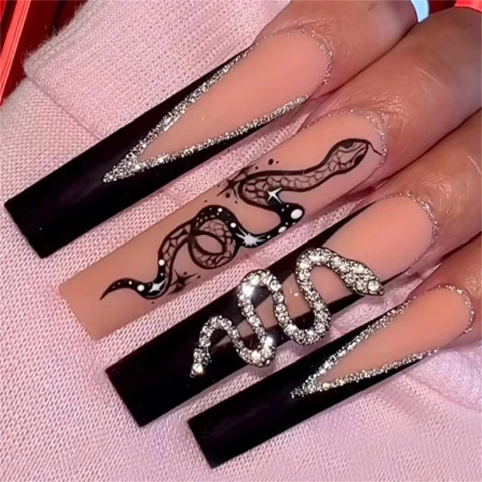 Square Fake Nail Snake Rhinestone False Nail Black Edge Black Edge Nail Tips - Image 2 of 4