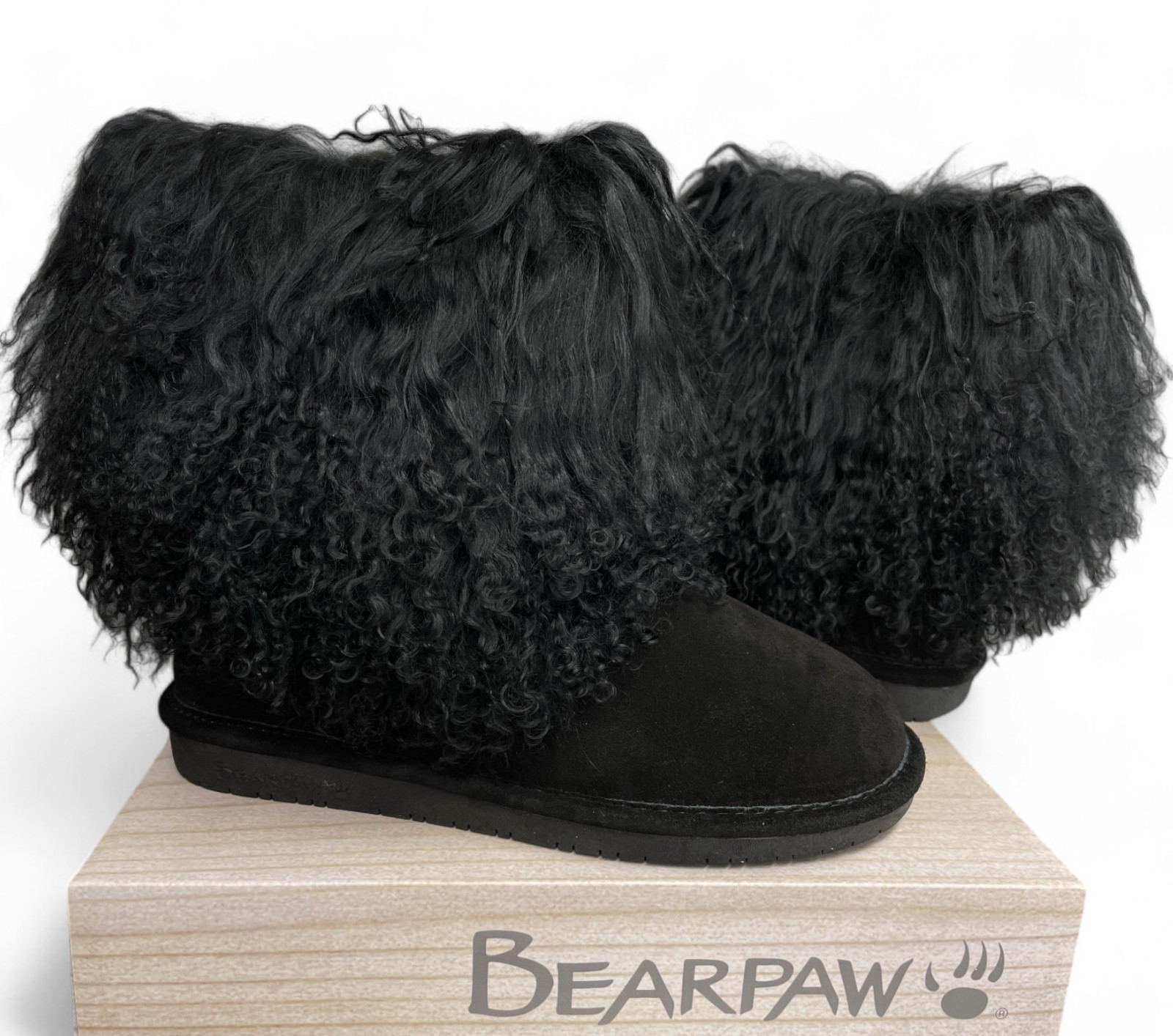 Bearpaw Boo Black Shearling Wool Lined Curly Lamb Fur Mongolian Sherpa ...