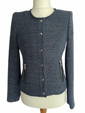 Oui Blue Black Boucle Woven Jacket With Zip Pockets Uk12 Nwt Jk