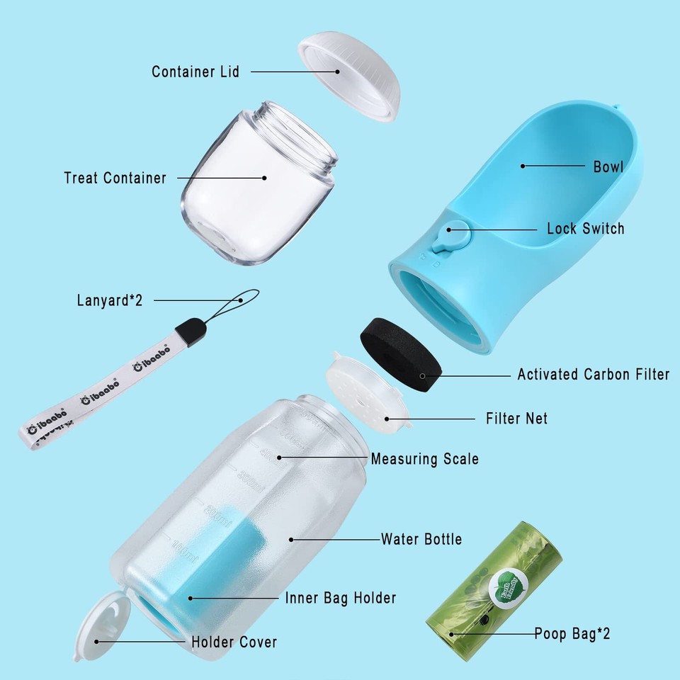 Dog Water Bottle with Food Container & Poop Bag Holder, Travel Water