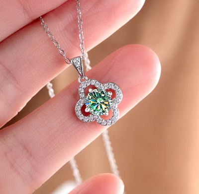 Echt 1 kt MOISSANIT Halskette Sterlingsilber funkelnder Heiligenschein Glückskleeblatt 4 Blatt