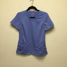 Code Happy Womens Scrub Top Blue V Neck Short Sleeve Pockets Stretch XS