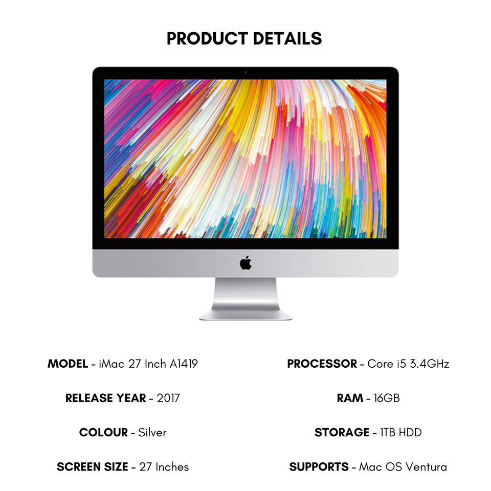 Apple iMac 27 Inch All In One 5K Desktop 2017 Core i5 3.4GHz 16GB Ram ...