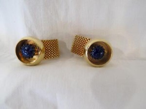 Vintage Goldtone Mesh Wrap Art Deco Cufflinks Round Blue Stone 21mm