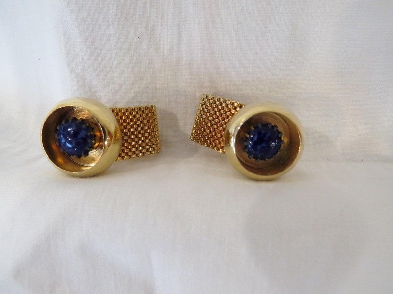 Vintage Goldtone Mesh Wrap Art Deco Cufflinks Round Blue Stone 21mm