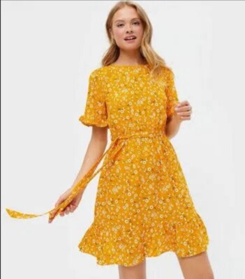 New Look Yellow Floral Belted Mini Dress Size 12 UK