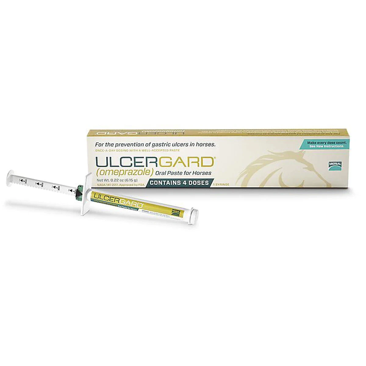 Yellow and white UlcerGard Omeprazole Oral Paste tube with green and black text, showing four doses and horse imagery.