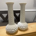 Vintage MCM E.O. Brody Co Milk Glass Hobnail 7.5" Bud Vases Pair Made in USA