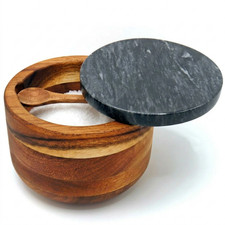 10oz Acacia Wood Salt Cellar Pot Bowl with Built in Spoon & Marble Lid UK BRAND