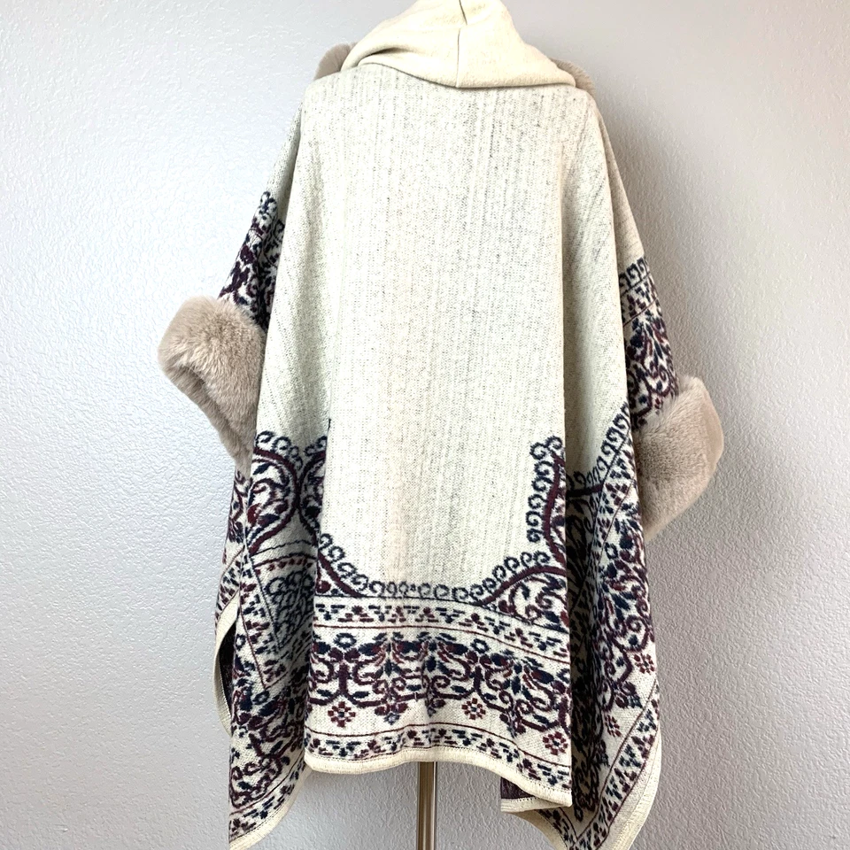 Poncho Capa Con Capucha Para Mujer Talla Única Imitación Piel Borgoña Fair Isle Nuevo Con Etiquetas Foto 3 de 4