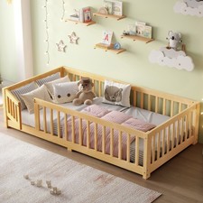 Twin Size Bed Floor Bed with Safety Guardrails and Door for Kids, Natural