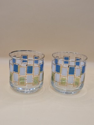 Vtg Libbey Nordic Glasses MCM Blue Green White w/ Gold Trim Rocks 1960s