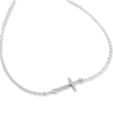 Sterling Silver Cross Necklace Horizontal Sideways Pendant Women Gift Baptism...