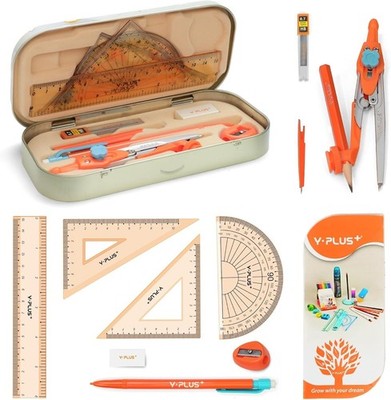 12 Pcs Geometry Set Math Kit Compass Protractor Ruler Eraser Metal Case School