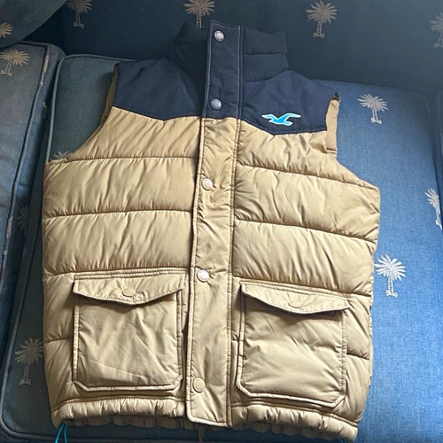 Hollister Men's Beige/Blue Down Puffer Vest Size S Full Zip Pockets Stand-Up - product listing photo
