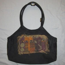 Laurel Burch Sun N Sand Black Canvas Zip Top Satchel Tote Bag Tribal Cats Kitty