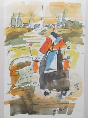 Original Aquarell M. Krannov   Bäuerin am Brunnen im Holzrahmen
