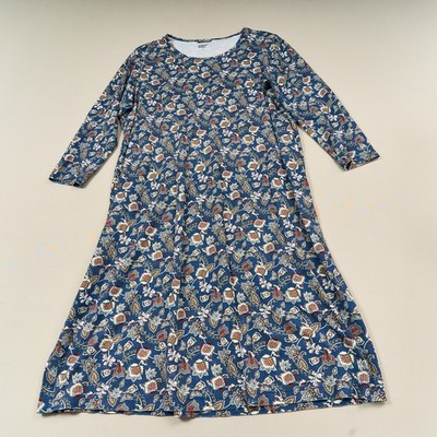 Lands End Floral Knit Midi Dress Womens 1X Blue  3/4 Sleeve 100% Cotton Casual