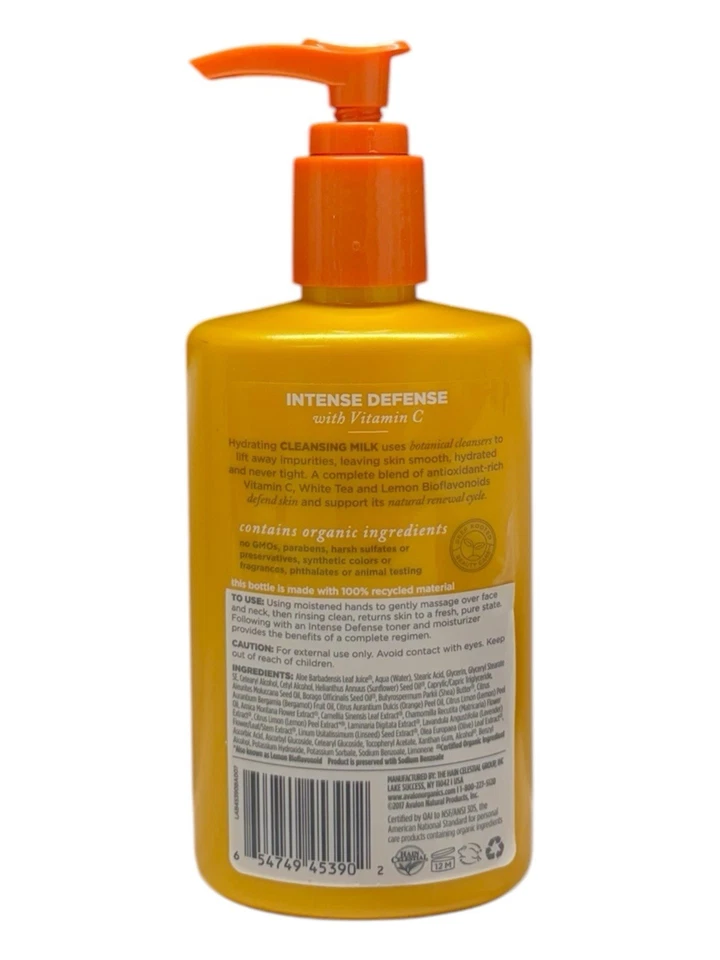 Leche limpiadora de defensa intensa Avalon Organics vitamina C no transgénica vegana 8,5 oz Foto 2 de 2