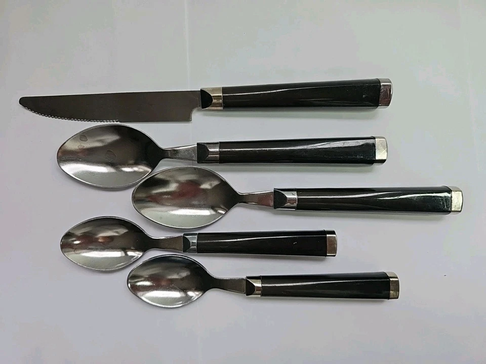 Stainless 5 Piece Cutlery 1 Dinner Knife 2 Soup Spoon 2 Teaspoon Black Handle - Image 3 of 4