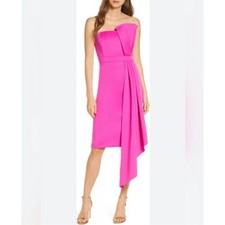 Eliza J Strapless scuba Cocktail Dress sz 10P Pink Drape Ruffle Sheath Holiday