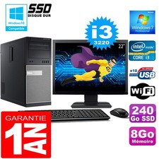 PC Tour DELL 7010 Core I3-3220 Ram 8Go Disque 240 Go SSD Wifi W7 Ecran 22"