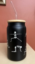 Halloween Skeletons Iced Coffee Tumbler Cup Yoga Bamboo Lid Glass Straw New