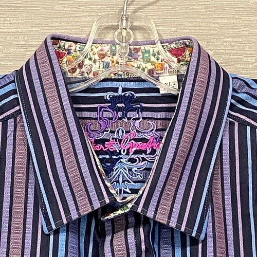 Robert Graham Dress Shirt Mens 2XLT Blue Purple Striped Contrast Cuff Cocktail - Picture 4 of 15