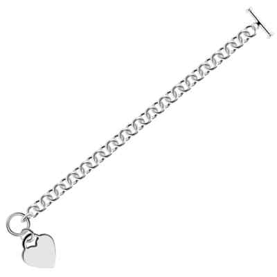 Sterling Silver Rhodium Plated Rolo Chain Bracelet with a Heart Charm 7.25 inche