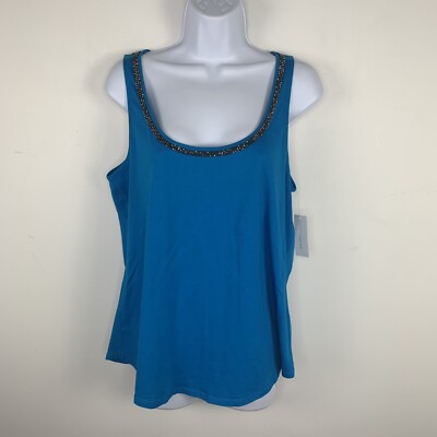 New York & Company Top sz M Blue Jeweled Neck Elevated Basic Minimalist NEW