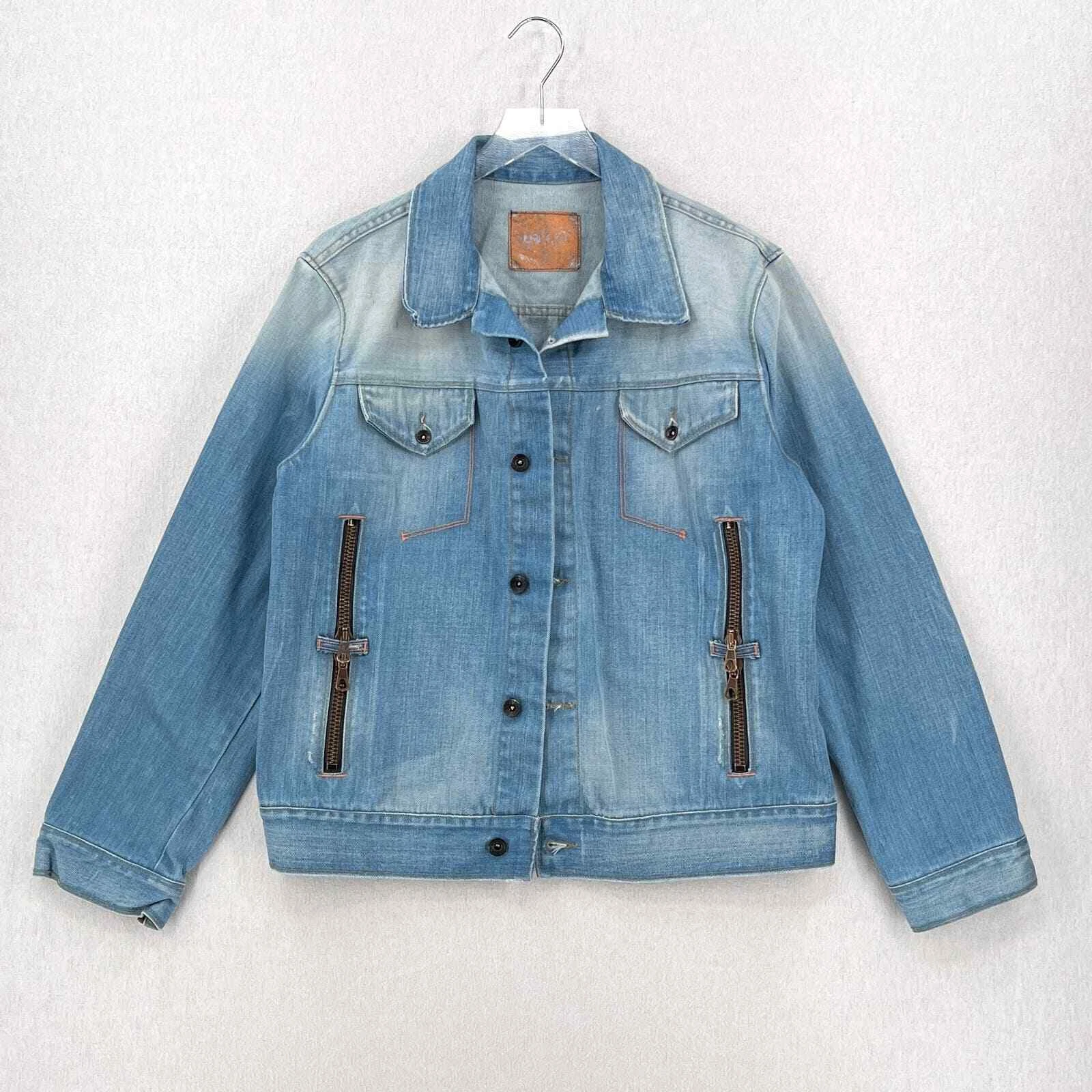 ISKO Denim Jacket Mens Medium Light Blue Wash Distressed Zipper details