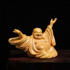 Wood carving Happy Maitreya Buddha decorative figures Small Statue Home Room