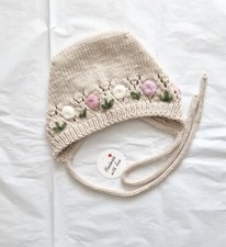 Hand Knitted MERINO Baby Bonnet/ 0 3 Months BEIGE ROSES