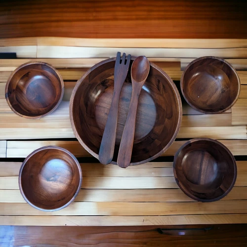 Salad Bowls Set Wooden Large Acacia Wood Serving Bowl for Fruits 7pc Cherry