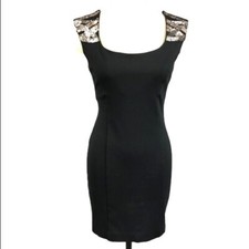 Guess Women’s Sz XS Mini Bodycon Dress Black Beaded Sequin Shoulders Square Neck