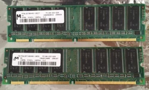 Two Memory Modules: RAM 64MB and 128MB, PC100-222-620, CL2 168-Pin DIMM, unused - Afbeelding 1 van 2