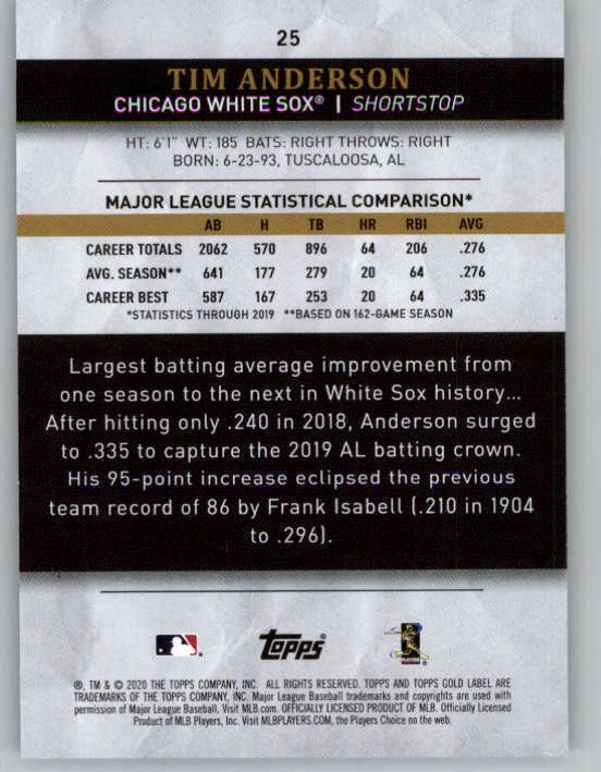 2020 Topps Gold Label Class 2 Blue #25 Tim Anderson 99 (ref 154565) - Image 2 of 2