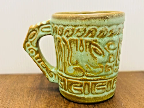 Vintage Frankoma Pottery #7CL Mayan-Aztec Prairie Green Glaze Mug Cup 3.75 Inch