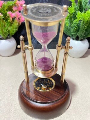 Nautical Hourglass Timer With Compass Wooden Base Christmas Décor Handmade Gift