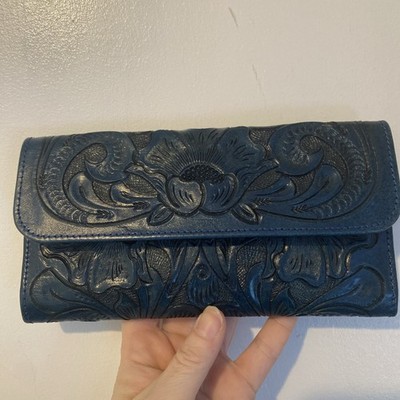 Alexander Yeo Vintage Blue Floral Hand Tooled Trifold Wallet