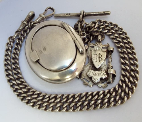 STUNNING HEAVY 57g ANTIQUE 1910 SOLID STERLING SILVER DOUBLE ALBERT WATCH CHAIN
