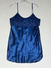 VTG Intimate Moods Chemise Slip Womens Medium Blue Lace Overlay Mini Dress