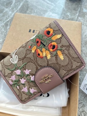NEW COACH CEC32 Medium Corner Zip Wallet Signature Jacquard w Floral Embroidery
