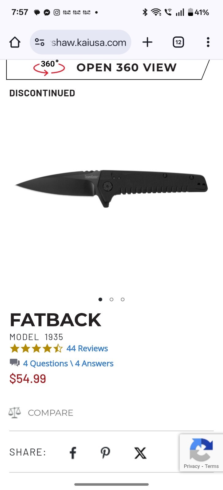 Kershaw 1935 Fatback Assisted Liner Lock Plain Edge Folding 