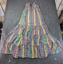 Just Funky Maxi Dress Womens Medium Multicolor Tribal Boho Smocked Tiered V Neck