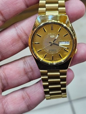 Seiko 5 Automatic Gold Dial Gold Watch Day Date 21 Jewels Japan