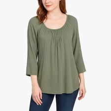 Signature Studio Women's Green White  3/4 sleeve  lacy back pullover  Top Size L