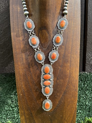 Navajo Sterling Silver Orange Spiny Oyster Chain Lariat Bead Necklace Etta E - 第 1/12 張圖片