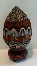 Decorative Faux Egg Covered with Real Brown Bird Feathers Home Decor 3" w/stand
